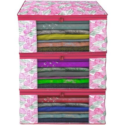Kuber Industries Non-Woven Leaf Print Saree Covers With Zip|Foldable Wardrobe Organizer For Clothes|Saree Bags Keep 8 To 10 Saree|Suitable For Lehenga, Suit, Dress|Pack Of 3 (Multi)