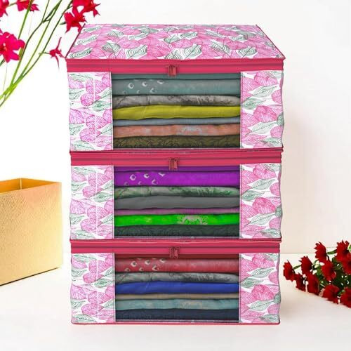 Kuber Industries Non-Woven Leaf Print Saree Covers With Zip|Foldable Wardrobe Organizer For Clothes|Saree Bags Keep 8 To 10 Saree|Suitable For Lehenga, Suit, Dress|Pack Of 3 (Multi)
