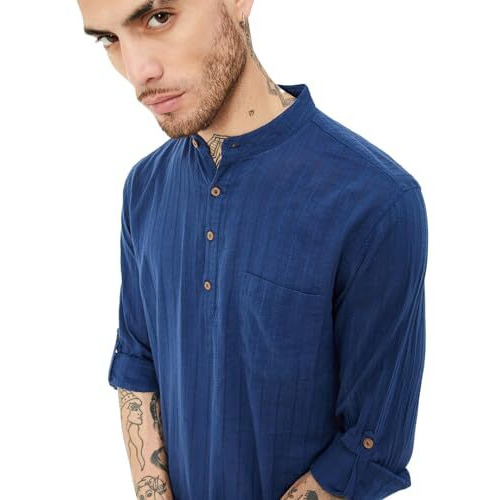 Max Men's Long Sleeves Regular Fit Band Collar Waist Length Cotton Kurta (Blue_M)