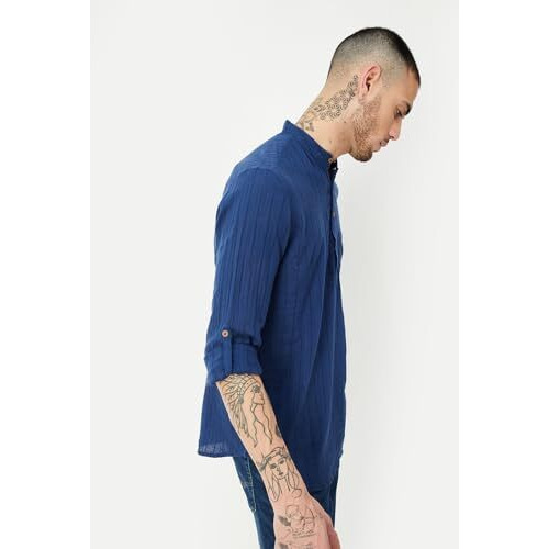 Max Men's Long Sleeves Regular Fit Band Collar Waist Length Cotton Kurta (Blue_M)