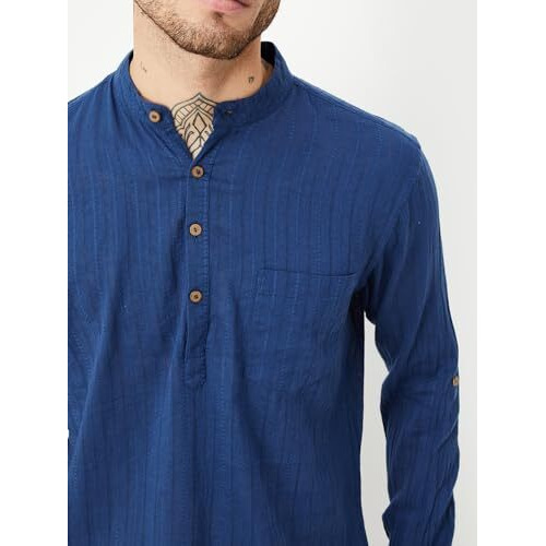 Max Men's Long Sleeves Regular Fit Band Collar Waist Length Cotton Kurta (Blue_M)