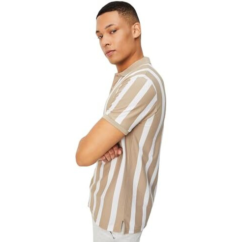 Max Men's Half Sleeves Regular Fit Collared Neck Striped T-Shirt (Beige_S)