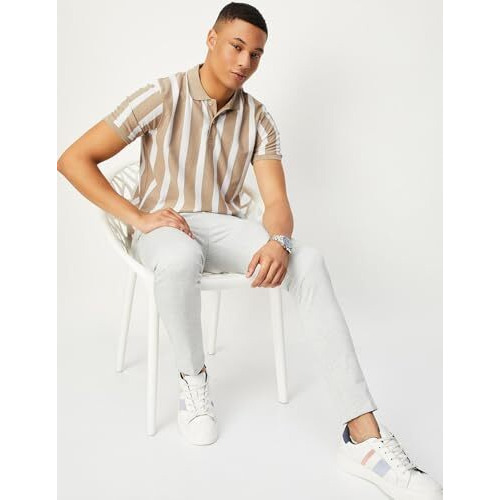 Max Men's Half Sleeves Regular Fit Collared Neck Striped T-Shirt (Beige_S)
