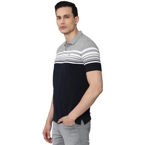 Louis Philippe Men's Striped Slim Fit T-Shirt (Lykpcslpf52344_Medium Grey