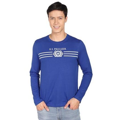 U.S. Polo Assn. Men's Crew Neck Long Sleeve Brand Print Cotton T-Shirt (Ustshs1385_Blue_L)