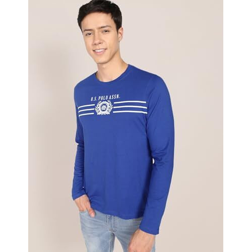 U.S. Polo Assn. Men's Crew Neck Long Sleeve Brand Print Cotton T-Shirt (Ustshs1385_Blue_L)