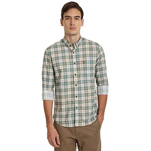 U.S. Polo Assn. Mens Cotton Printed Checks Fs Shirts (Udshtfx0022_Khaki_M), Regular Fit