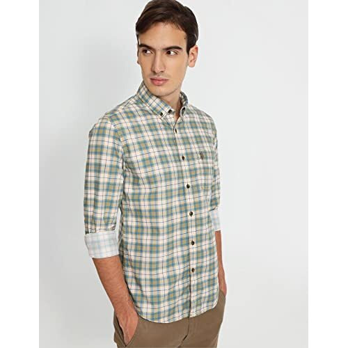 U.S. Polo Assn. Mens Cotton Printed Checks Fs Shirts (Udshtfx0022_Khaki_M), Regular Fit
