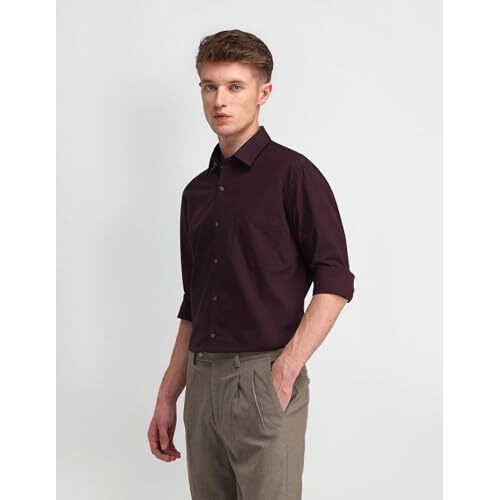 Arrow Men's Red Solid - Cutaway Collar Full Sleeves Formal Shirt With Chest Pocket | Cotton Fabric | Slim Fit