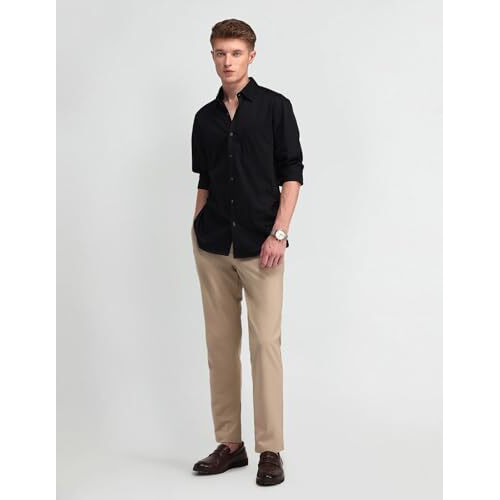 Arrow Men's Black Solid - Cutaway Collar Full Sleeves Formal Shirt With Chest Pocket | Cotton Fabric | Slim Fit