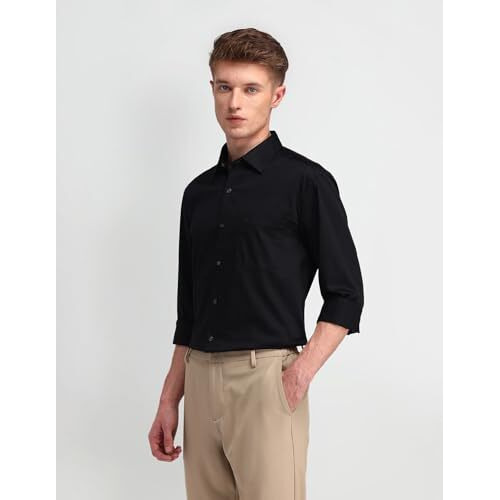 Arrow Men's Black Solid - Cutaway Collar Full Sleeves Formal Shirt With Chest Pocket | Cotton Fabric | Slim Fit