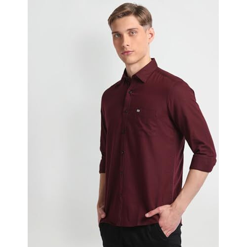 Arrow Men's Solid Full Sleeve Slim Fit Point Collar Cotton Casual Shirt Brown
