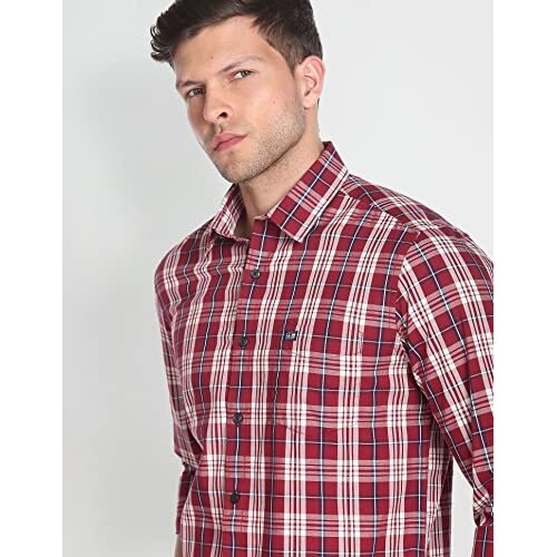 Arrow Men's Checkered Full Sleeve Slim Fit Point Collar Cotton Casual Shirt Maroon