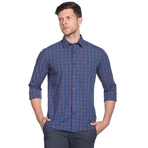 Arrow Men's Checkered Full Sleeve Slim Fit Point Collar Cotton Casual Shirt Dark Blue