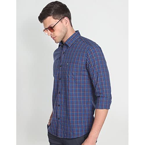 Arrow Men's Checkered Full Sleeve Slim Fit Point Collar Cotton Casual Shirt Dark Blue
