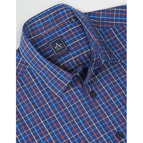 Arrow Men's Checkered Full Sleeve Slim Fit Point Collar Cotton Casual Shirt Dark Blue