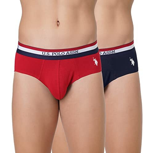 U.S. Polo Assn. Cotton Men Striped Waistband Antibacterial Eb002 Briefs - Pack Of 2 (Navy/Red L)