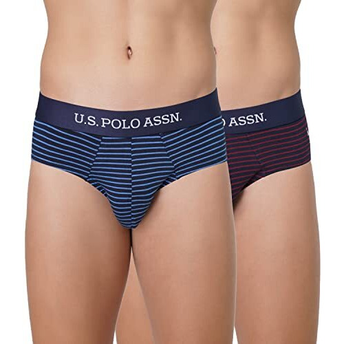 U.S. Polo Assn. Men Horizontal Stripe Antibacterial Eb005 Briefs - Pack Of 2 (Navy-Star Sapphire/Navy-Pomogranate M)