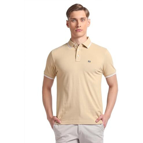 Arrow Men's Solid Half Sleeve Regular Fit Cotton Polo T-Shirt Beige