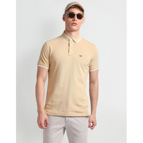 Arrow Men's Solid Half Sleeve Regular Fit Cotton Polo T-Shirt Beige