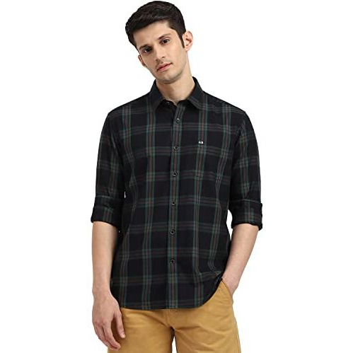 Arrow Men's Checkered Full Sleeve Slim Fit Point Collar Cotton Casual Shirt Black