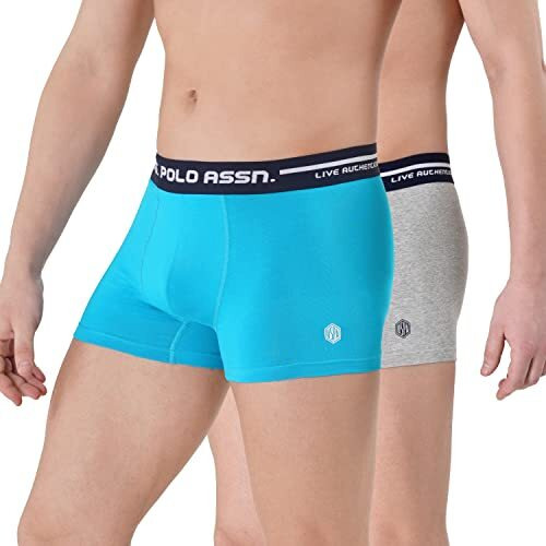 U.S. Polo Assn. Men Logo Waistband Cotton Stretch Iyai Trunks - Pack Of 2 (Bright Blue/Grey Mel L)