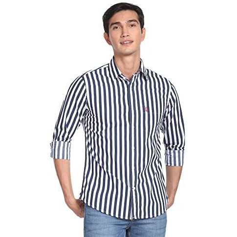 U.S. Polo Assn. Mens Cotton Printed Stripe Fs Regular Fit Shirts (Usshtfx0072_Navy_Large)