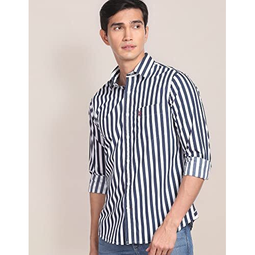 U.S. Polo Assn. Mens Cotton Printed Stripe Fs Regular Fit Shirts (Usshtfx0072_Navy_Large)
