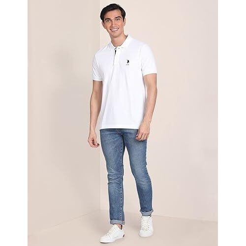 U.S. Polo Assn. Mens Cotton Half Sleeve Slim Fit Polo T-Shirts (Ustshf0135_White_Large)