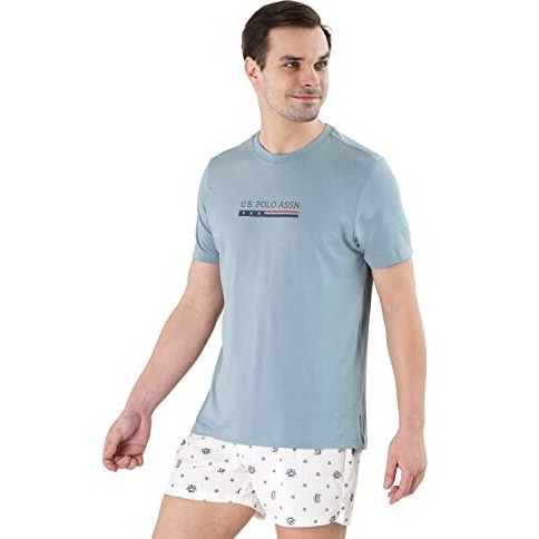 U.S. Polo Assn. Men Cotton Crew Neck Brand Print Le001 Lounge Regular Fit T-Shirt-Pack Of 1 (Lead Large), Light Blue