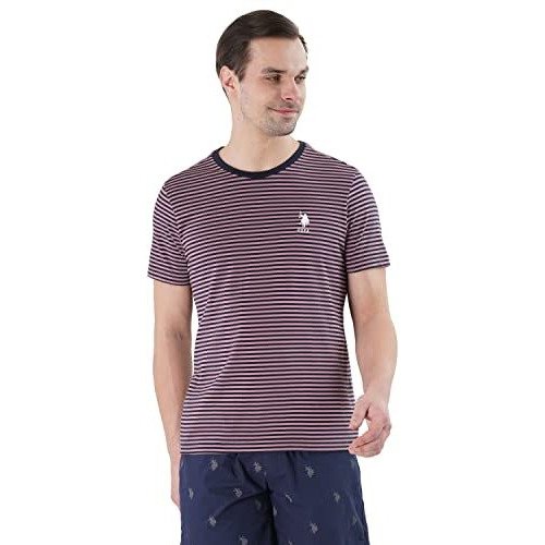 U.S. Polo Assn. Mens Yarn Dyed Stripe Cotton Le002 Lounge Regular Fit T-Shirt-Pack Of 1 (Deep Pink/Navy Large)
