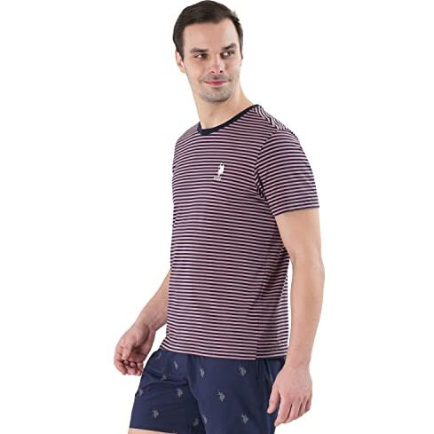U.S. Polo Assn. Mens Yarn Dyed Stripe Cotton Le002 Lounge Regular Fit T-Shirt-Pack Of 1 (Deep Pink/Navy Large)