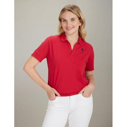U.S. Polo Assn. Women's Contrast Logo Crop Polo Shirt (Uwss23Tsh010_Red_L)