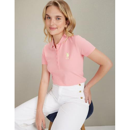 U.S. Polo Assn. Women's Tipped Collar Cotton Stretch Polo Shirt (Uwss23Tsh034_Pink_S)