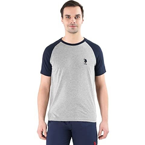 U.S. Polo Assn. Men's Cotton Raglan Sleeve Colour Block Le003 Regular Fit Lounge T-Shirt - Pack Of 1 (Grey Mel/Navy L)