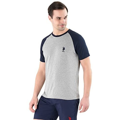 U.S. Polo Assn. Men's Cotton Raglan Sleeve Colour Block Le003 Regular Fit Lounge T-Shirt - Pack Of 1 (Grey Mel/Navy L)