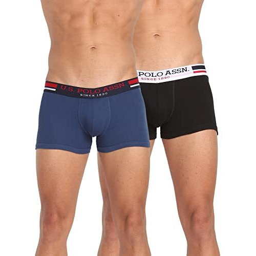 U.S. Polo Assn. Mens Antibacterial Branded Waist I641 Cotton Trunks - Pack Of 2 (True Blue/Black M)