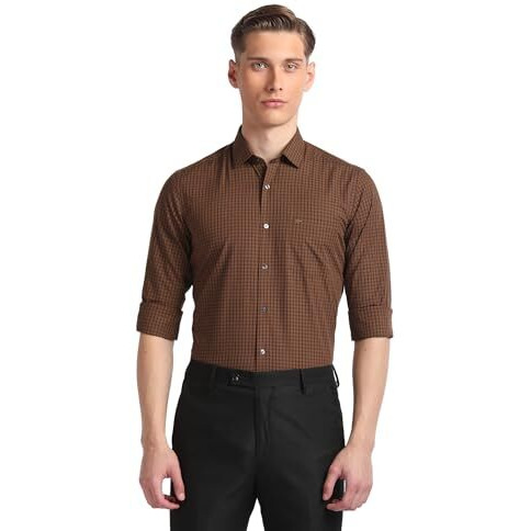 Arrow Men's Brown Checked - Cutaway Collar Full Sleeves Formal Shirt With Chest Pocket | Cotton Fabric | Slim Fit