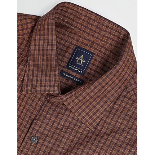 Arrow Men's Brown Checked - Cutaway Collar Full Sleeves Formal Shirt With Chest Pocket | Cotton Fabric | Slim Fit