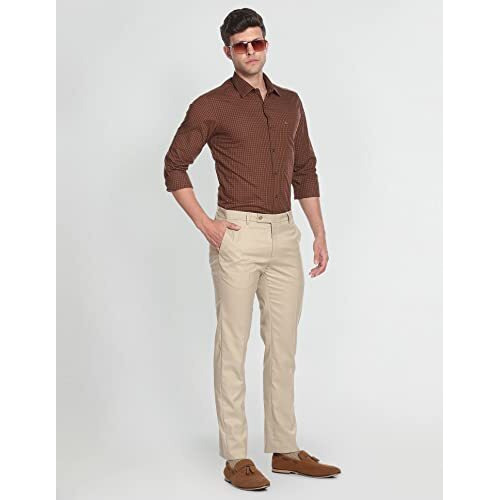 Arrow Men's Brown Checked - Cutaway Collar Full Sleeves Formal Shirt With Chest Pocket | Cotton Fabric | Slim Fit