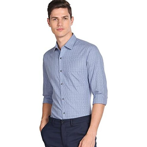 Arrow Men's Checkered Full Sleeve Slim Fit Cutaway Collar Cotton Formal Shirt (Aradosh1335_Medium Blue_40)
