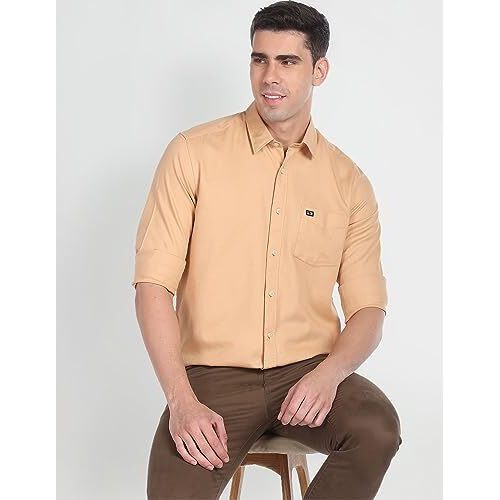 Arrow Men's Structured Full Sleeve Slim Fit Cutaway Collar Cotton Casual Shirt Beige