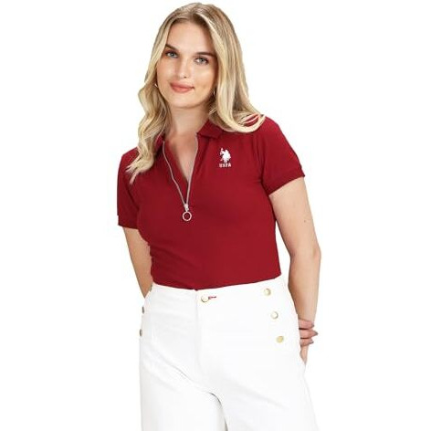 U.S. Polo Assn. Women's Zipper Placket Stretch Polo Shirt (Uwss23Tsh065_Red_L)