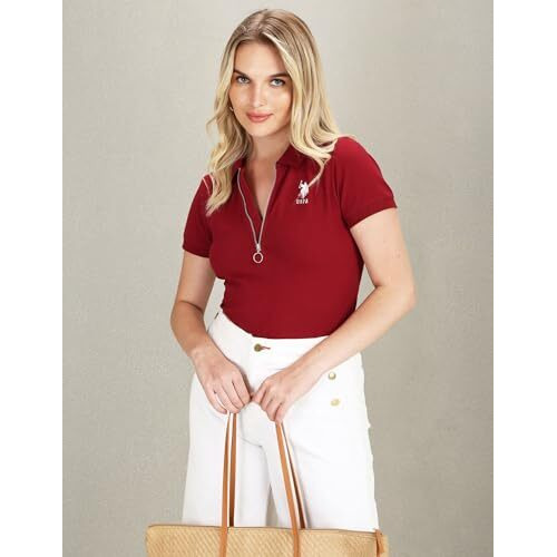 U.S. Polo Assn. Women's Zipper Placket Stretch Polo Shirt (Uwss23Tsh065_Red_L)