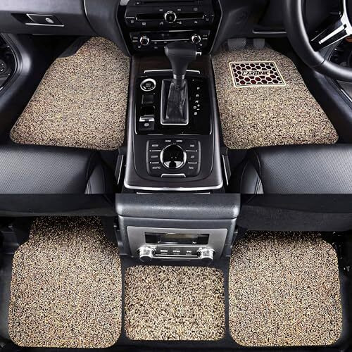 Carbinic Anti-Skid Mats - Universal Fit For All Cars - Curly/Noodle Floor Mat, All Weather Pvc, Premium Vinyl Rubber - Set Of 5 - Beige Brown