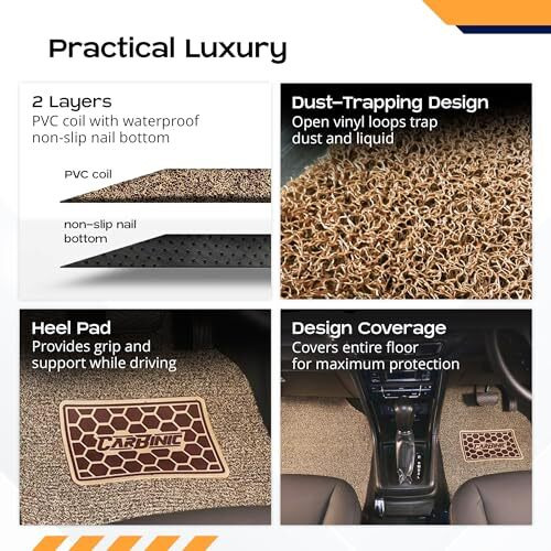 Carbinic Anti-Skid Mats - Universal Fit For All Cars - Curly/Noodle Floor Mat, All Weather Pvc, Premium Vinyl Rubber - Set Of 5 - Beige Brown