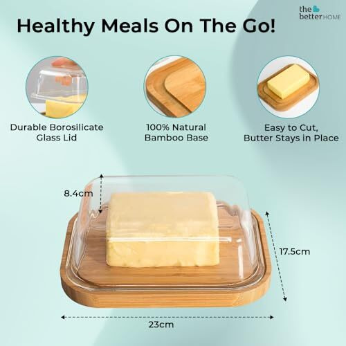 The Better Home Borosilicate Glass Butter Dish With Lid | Borsilicate Glass Container For Storage | Microwave Safe | Bamboo Butter Board | Container For Kitchen | Butter Tray (Light Brown)