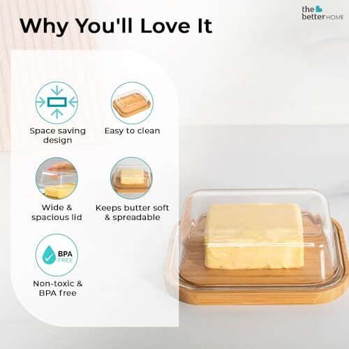 The Better Home Borosilicate Glass Butter Dish With Lid | Borsilicate Glass Container For Storage | Microwave Safe | Bamboo Butter Board | Container For Kitchen | Butter Tray (Light Brown)