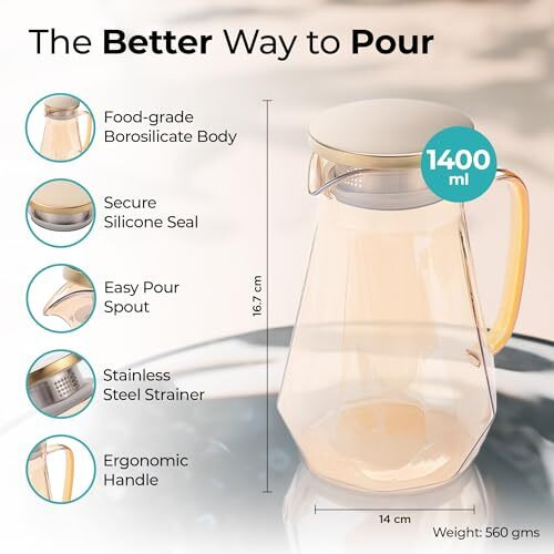 The Better Home Zest (1.5 Ltr) Glass Jug With Stainless Steel Lid And Handle | Leakproof Pitcher For Water, Cold Brew, Tea, Iced Coffee, Lemonade | Heat Resistant | Housewarming Gift | Amber