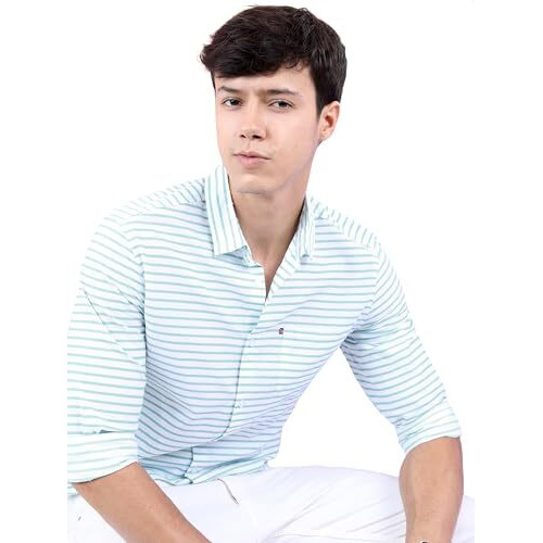Highlander Men's Striped Slim Fit Shirt (Hlsh014002_White/Aqua